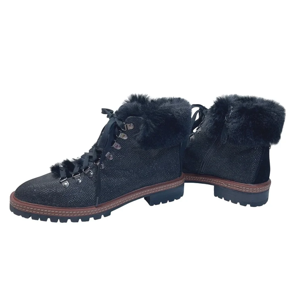 Kate Spade NY Rosalie Sparkly Black Leather‎ Ankle Boots SZ 9 Faux Fur NWOB
